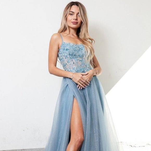 NEW LONG OFF SHOULDER SLEEVELESS A-LINE MESH DRESS WITH SATIN LINING AC TM1004